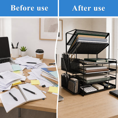 punada Desk Organizer with File Holder, 6 Tier Metal Desktop File Organizer with Pen Holders and Mesh Trays for Home, Office and Workspace