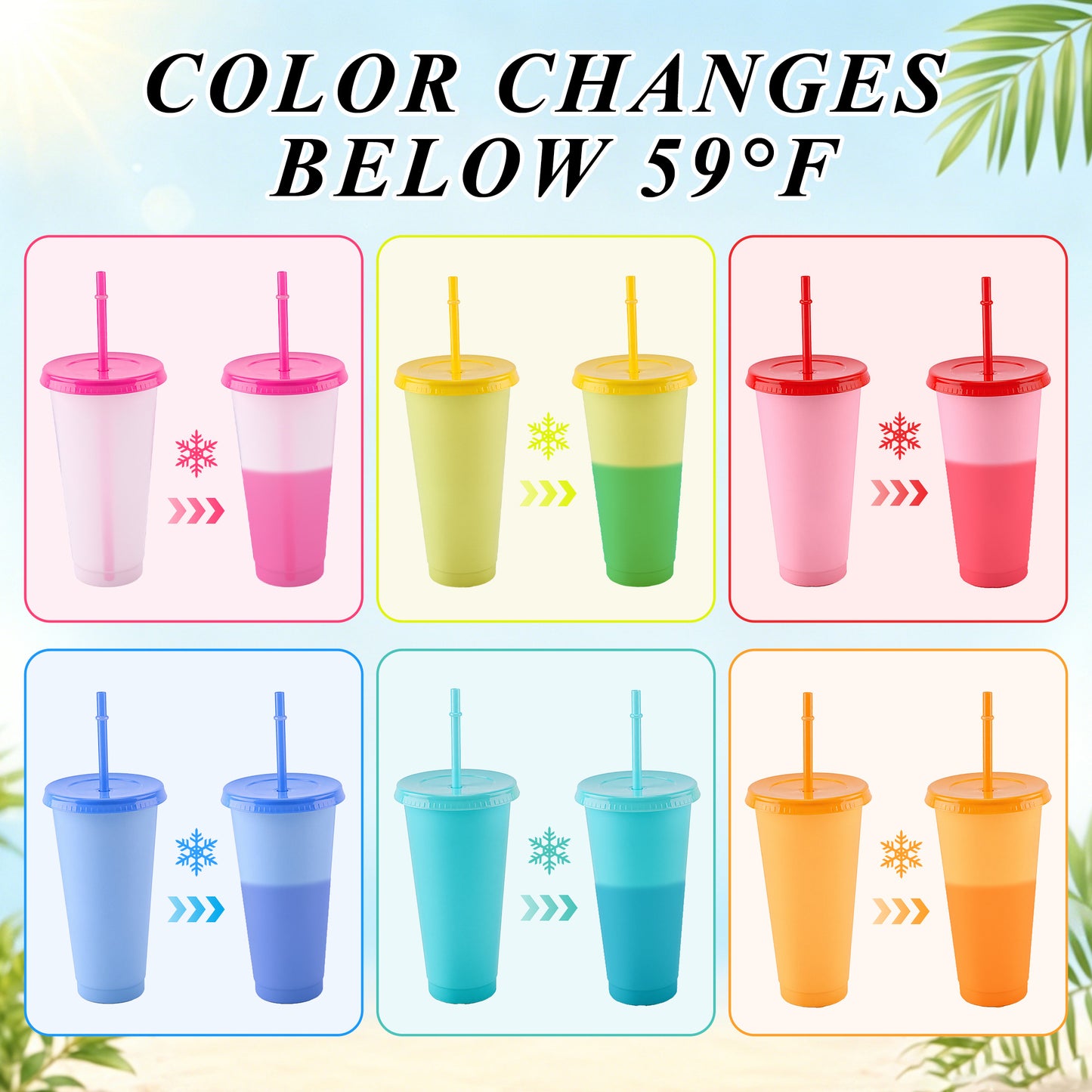 punada Reusable Cups with Lids and Straws, 6 Pack 24oz Color Changing Plastic Tumblers Set, Reusable Iced Coffee Travel Mugs, Drinking Cups for Party, Travel & Daily Use
