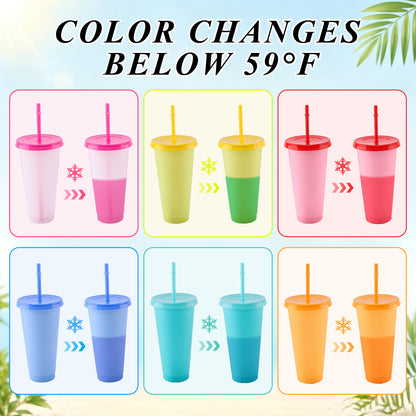 punada Reusable Cups with Lids and Straws, 6 Pack 24oz Color Changing Plastic Tumblers Set, Reusable Iced Coffee Travel Mugs, Drinking Cups for Party, Travel & Daily Use