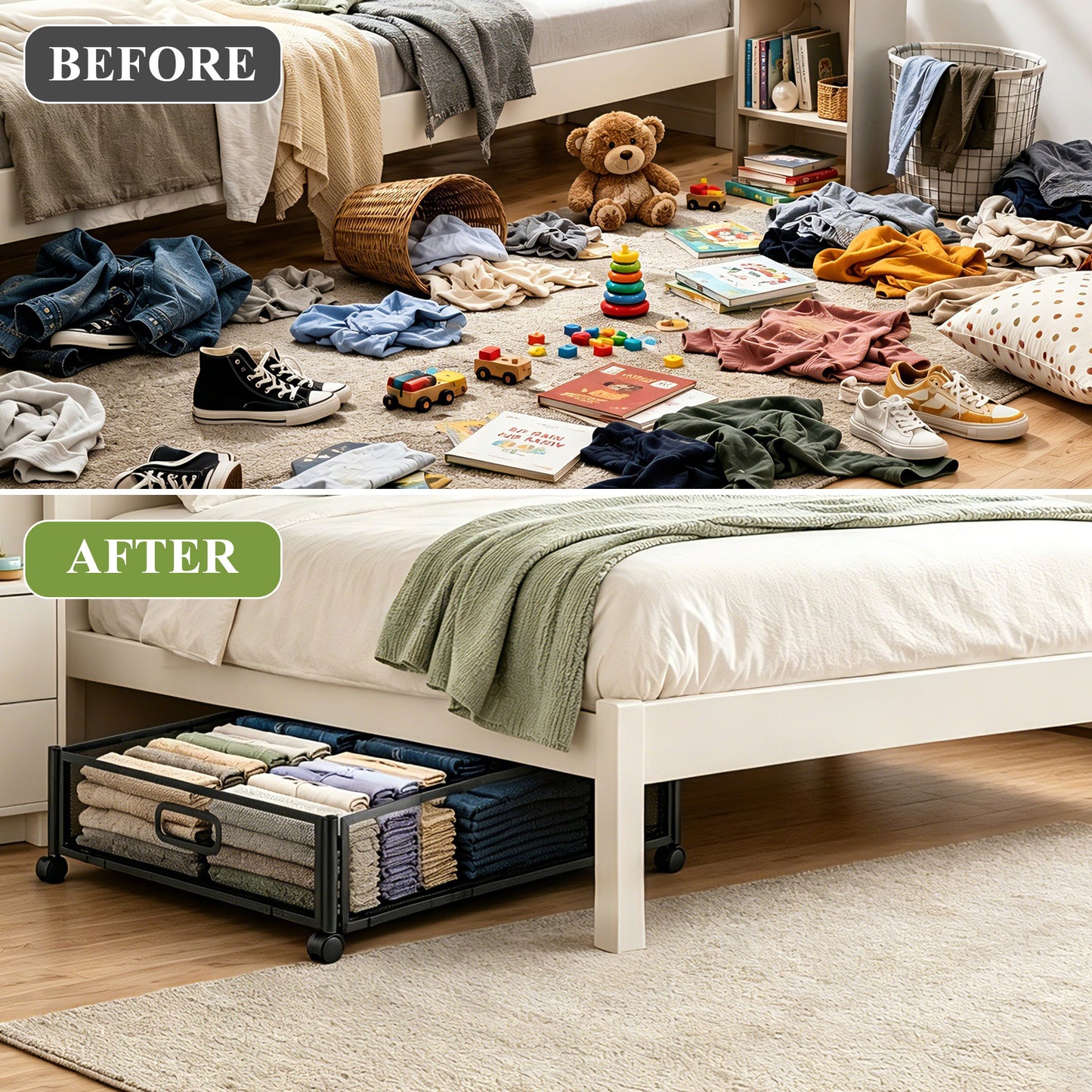 punada Under Bed Storage with Wheels, 2 Pack Metal Underbed Storage Containers, Rolling Drawers for Clothes, Shoes, Blankets, Bedroom Closet Organizer