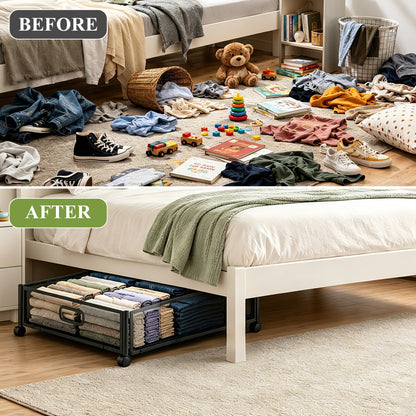 punada Under Bed Storage with Wheels, 2 Pack Metal Underbed Storage Containers, Rolling Drawers for Clothes, Shoes, Blankets, Bedroom Closet Organizer