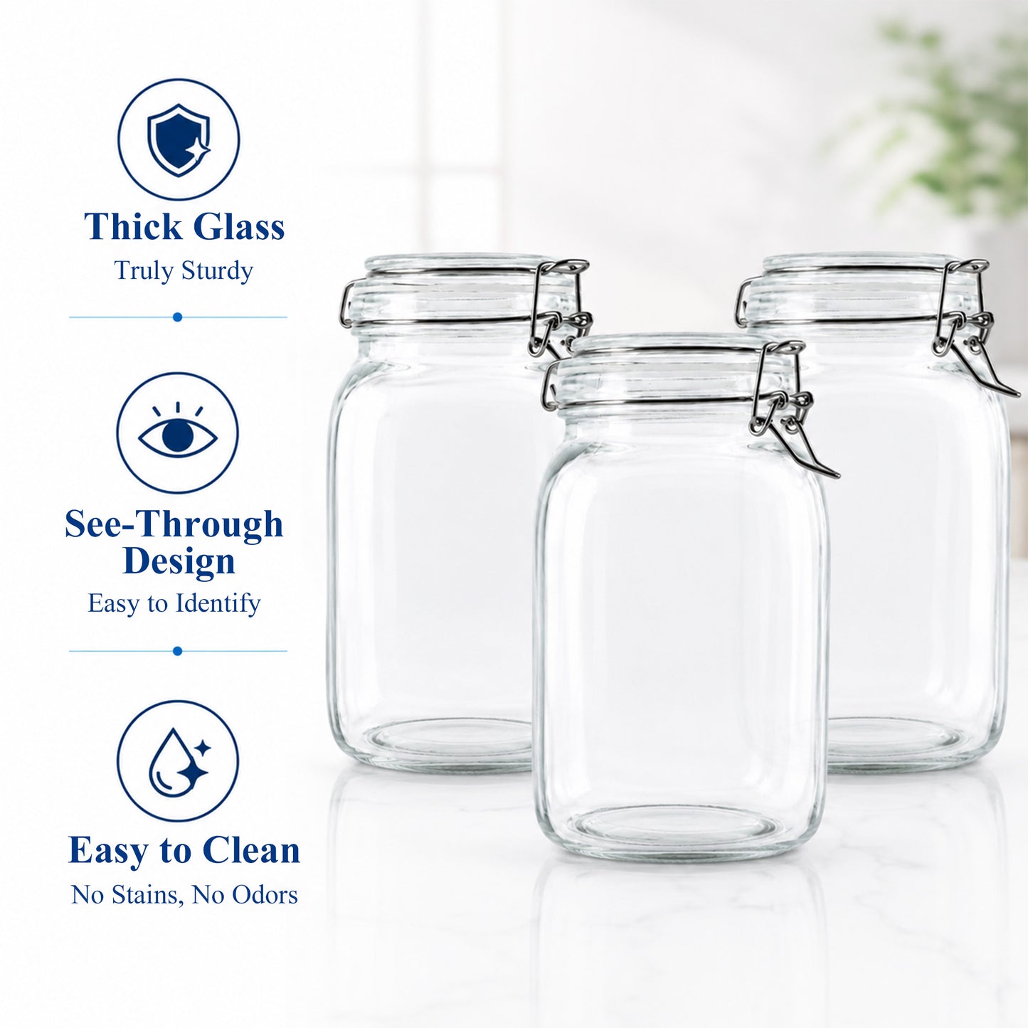 punada 3-Pack 50oz Glass Jars with Airtight Lid, Wide Mouth Kitchen Canisters for Kitchen & Pantry Organization, Air Tight Glass Storage Jars for Sugar, Flour, Cereal, Coffee