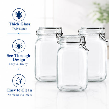 punada 3-Pack 50oz Glass Jars with Airtight Lid, Wide Mouth Kitchen Canisters for Kitchen & Pantry Organization, Air Tight Glass Storage Jars for Sugar, Flour, Cereal, Coffee