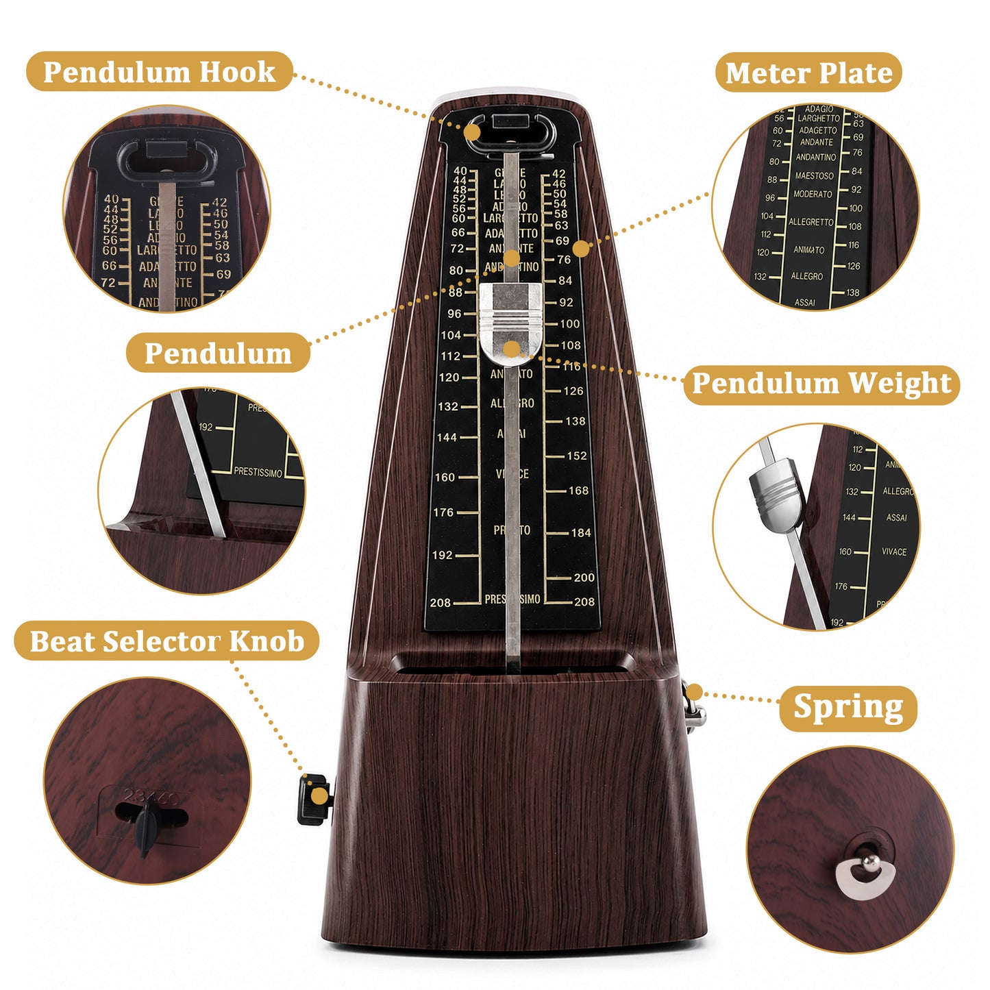punada Mechanical Metronome for Piano Guitar, Wood Grained Loud Sound and Multiple Beat Modes, Accurate Beat for Beginners 1 Pack