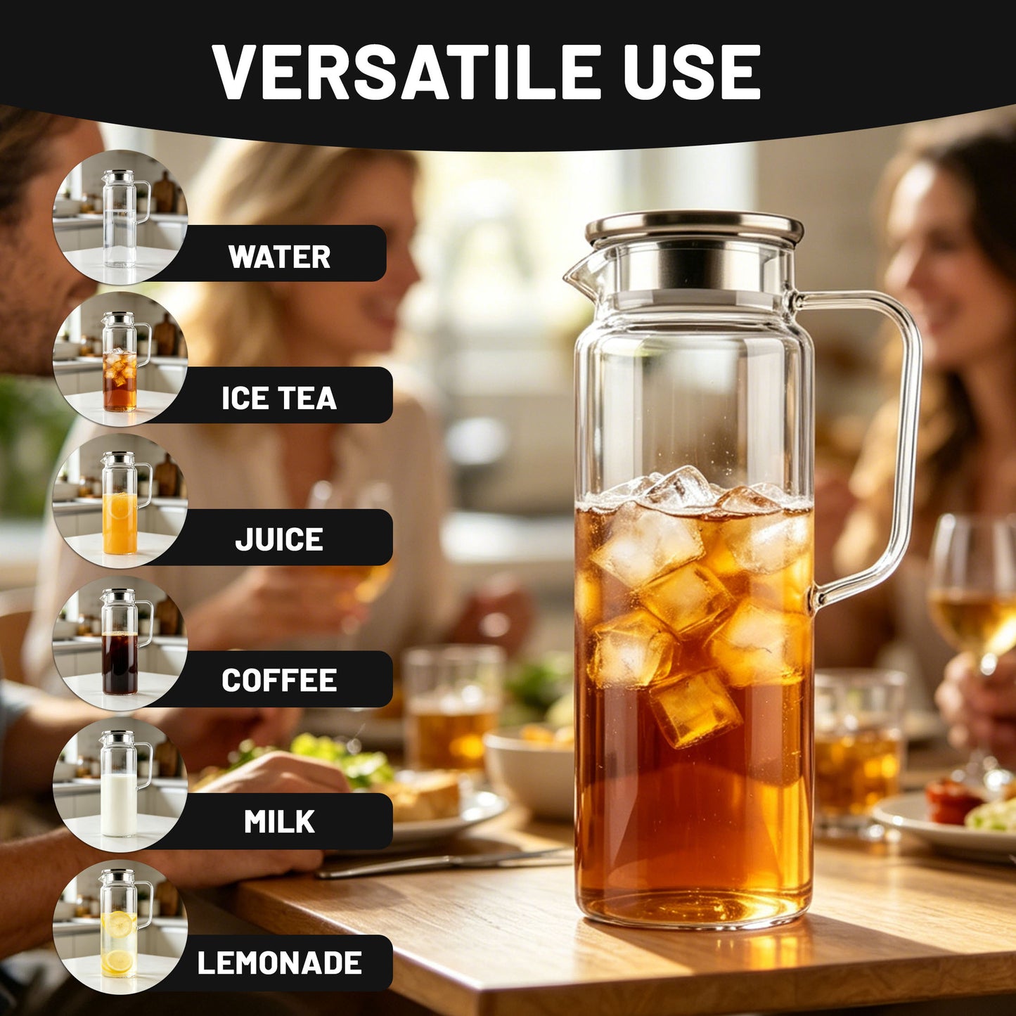 punada 2 Pack 2 Liter 68 oz Glass Pitchers with Lid and Spout, Glass Water Carafe for Hot & Cold Drinks, Large Jug for Iced Tea, Coffee, Juice, Milk, Beverage