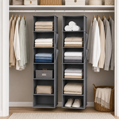 punada Hanging Closet Organizer, 6-Shelf Closet Hanging Storage Organizer with Side Pockets, Foldable Hanging Shelves for Clothes, Sweaters, Shoes and Accessories, Grey