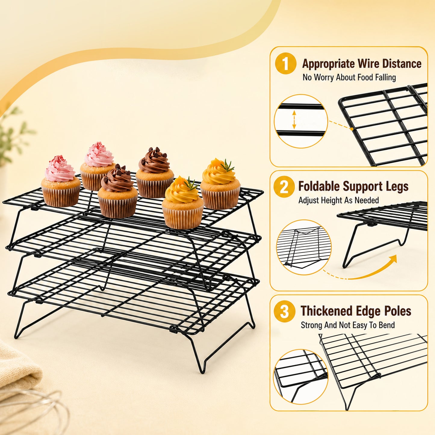 punada 3 Tier Stackable Cooling Racks for Cooking and Baking, 15" x 10" Carbon Steel Wire Baking Rack, Cookie Cooling Rack with Leg for Bacon Pizza Cake, Dishwasher Safe