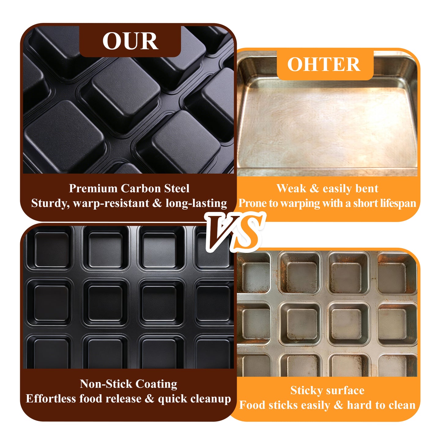 punada Brownie Pan with Dividers, 2 Pack 12-Cavity Nonstick Carbon Steel Square Muffin Pan, All Edges Design Baking Tray for Crispy Corner Brownies, Cupcakes and Cookies