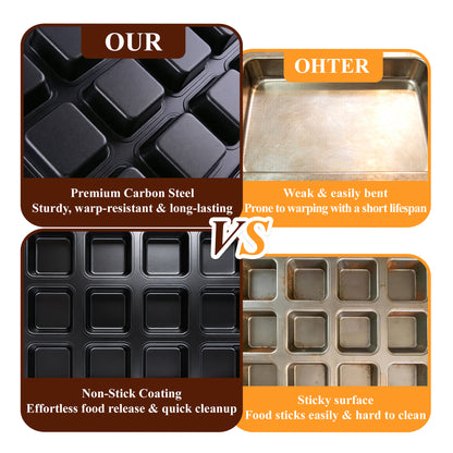 punada Brownie Pan with Dividers, 2 Pack 12-Cavity Nonstick Carbon Steel Square Muffin Pan, All Edges Design Baking Tray for Crispy Corner Brownies, Cupcakes and Cookies