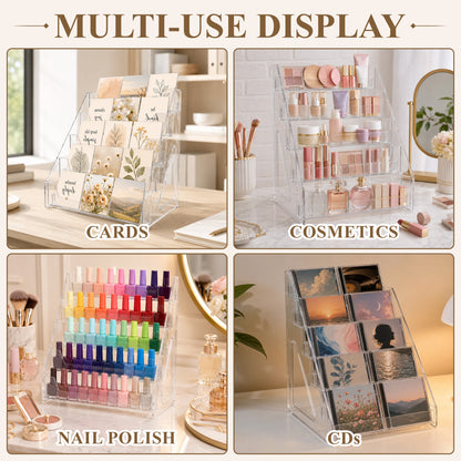 punada 5 Tier Card Display Stand, Clear Vertical Holder for Sports Cards, Greeting Cards, Postcards, Stickers and Brochures, Easy Snap-On Assembly
