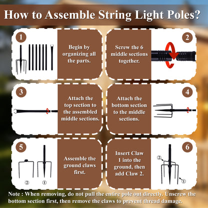 punada 2 Pack 10 ft String Light Poles with Fork Base and Fence Mounting Brackets, Outdoor Metal Light Poles for Outside String Lights, Light Pole Stand for Patio, Deck, Backyard, Garden, Wedding