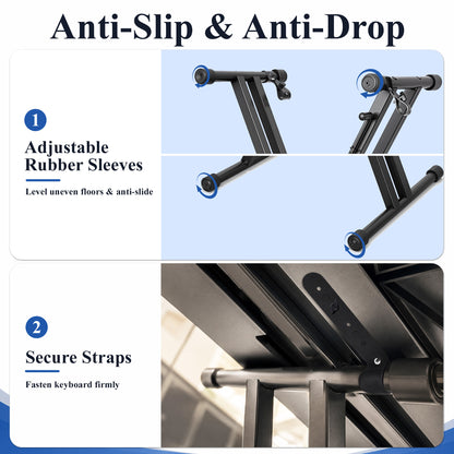punada Keyboard Stand, Heavy Duty Double-X Piano Stand, Adjustable 6-Level Height, Foldable Steel Keyboard Stand with Safety Straps, Fits 54–88 Key Digital Keyboards & Electric Pianos