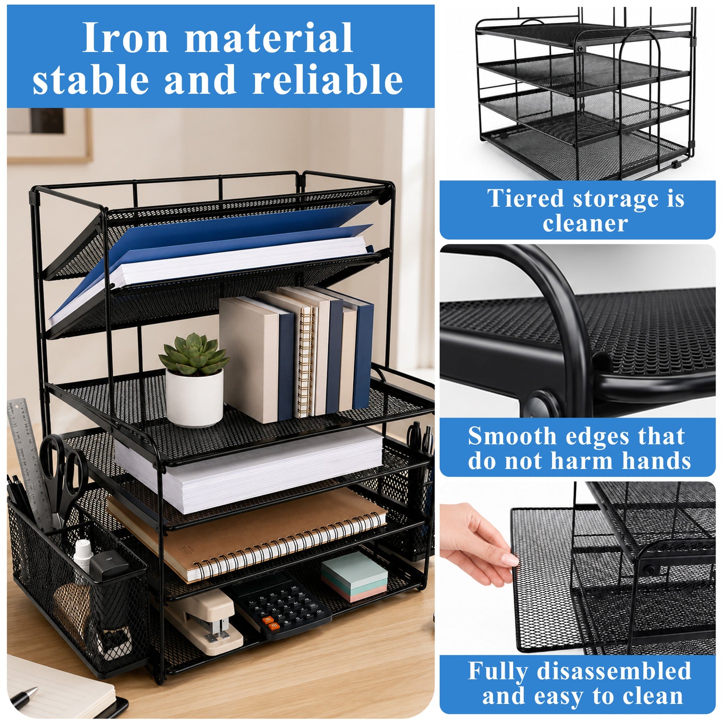 punada Desk Organizer with File Holder, 6 Tier Metal Desktop File Organizer with Pen Holders and Mesh Trays for Home, Office and Workspace