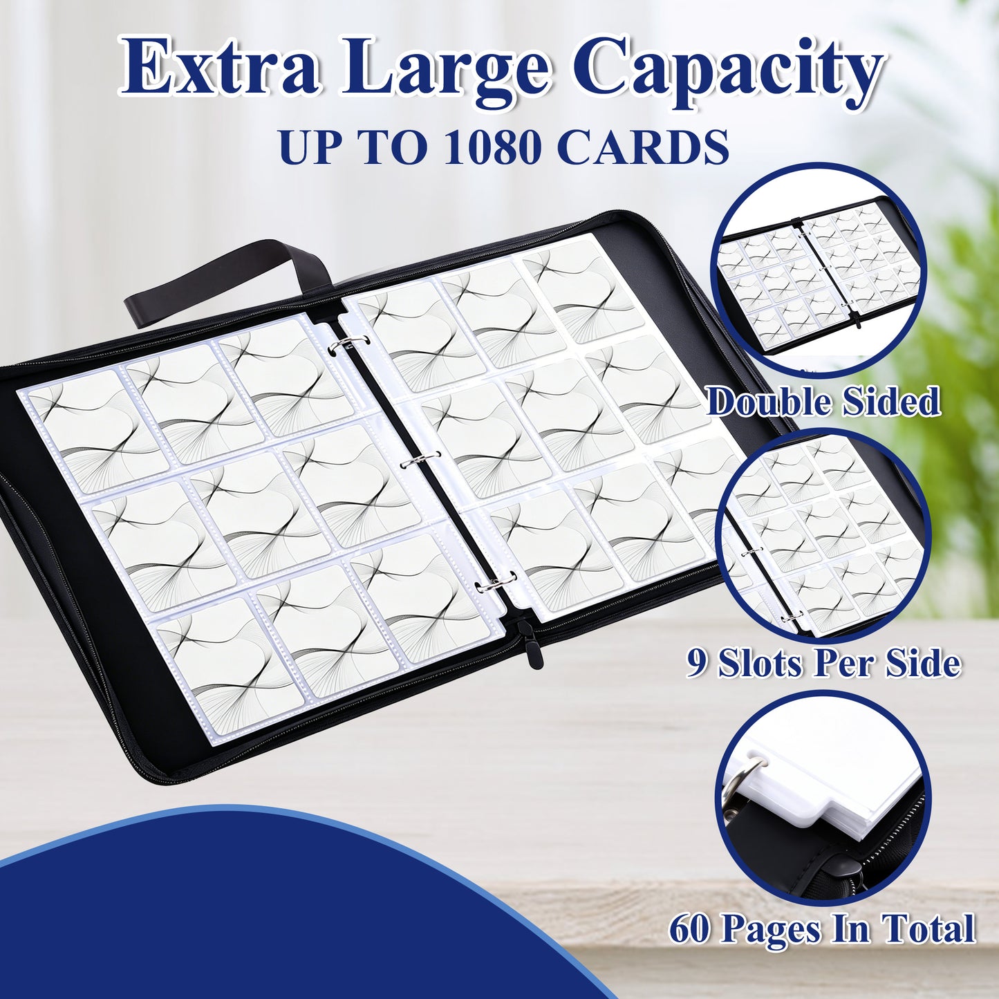 punada Card Binder, Trading Card Binder 1080 Pockets, Premium PU Collector Card Binder with Zipper Closure, Acid-Free Top Loading Pages, Water-Resistant Storage Album for Sports & Gaming Cards