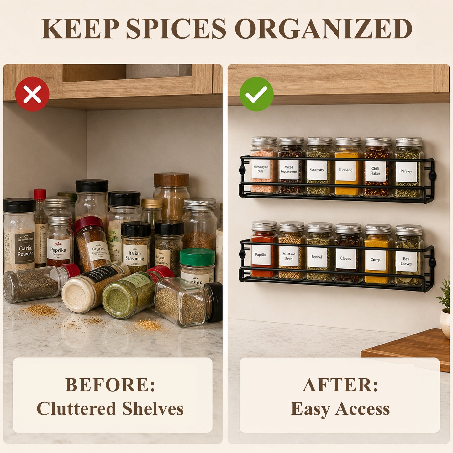 punada 4 Pack Wall Mounted Spice Rack, Space Saving Organizer for Kitchen Cabinet & Pantry Door, Screw or Adhesive Mount for Spice Jars, 11.41 x 2.55 x 2.55 in