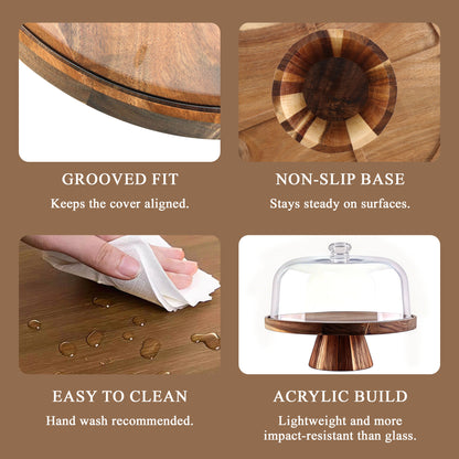 punada Acacia Wood Cake Stand with Lid, 11" Round Cake Stand with Acrylic Dome, 2-in-1 Dessert Display for Cake, Cheese, Chips, Fruit & Snacks