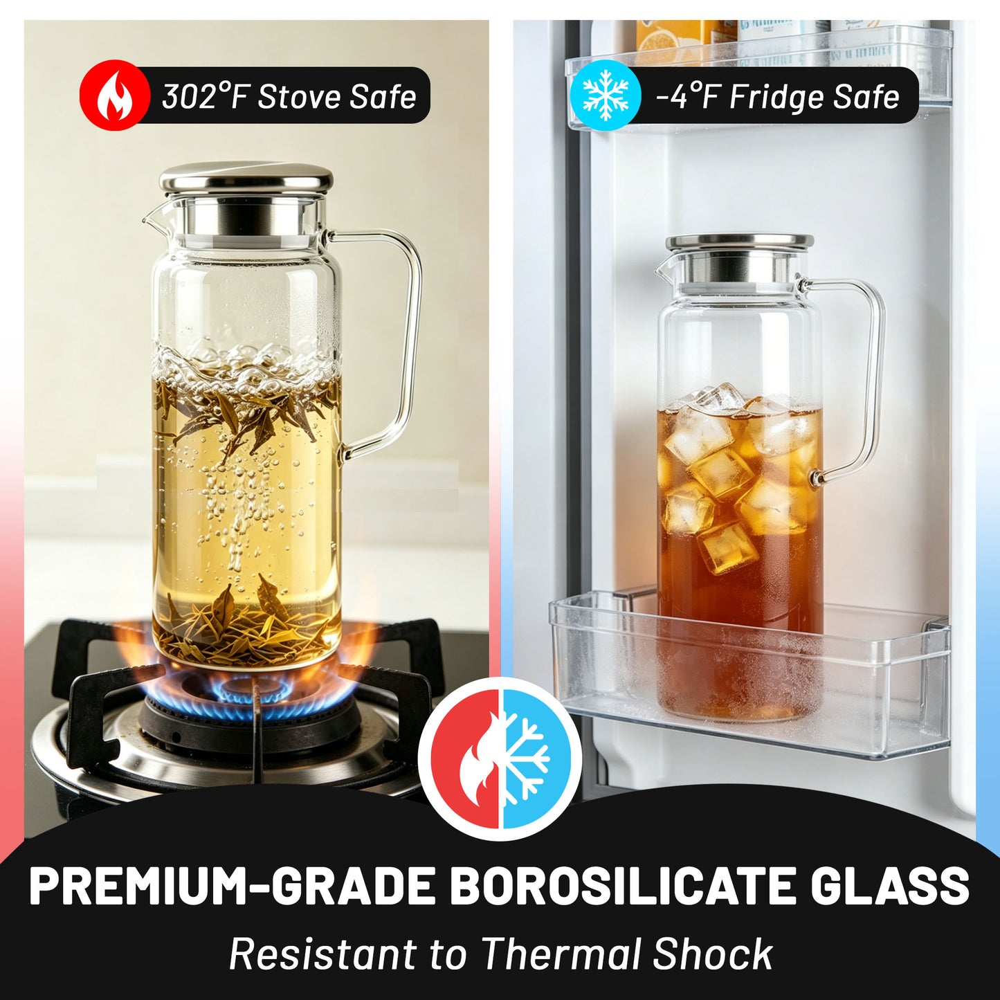 punada 2 Pack 2 Liter 68 oz Glass Pitchers with Lid and Spout, Glass Water Carafe for Hot & Cold Drinks, Large Jug for Iced Tea, Coffee, Juice, Milk, Beverage