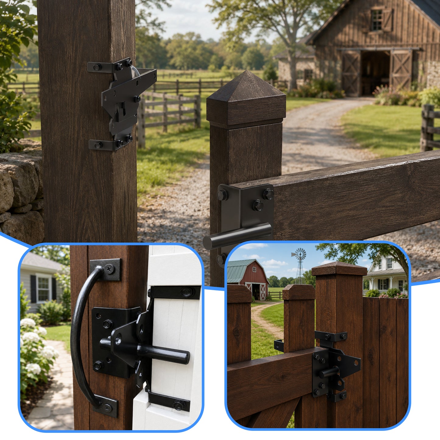 punada Gate Latch for Wooden Fence, Heavy Duty Self Locking Gravity Gate Lock, Post Mount Hardware for Wood and Vinyl Fence, Pool Yard Garden, Black