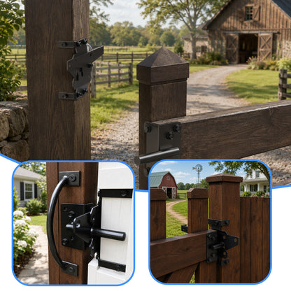 punada Gate Latch for Wooden Fence, Heavy Duty Self Locking Gravity Gate Lock, Post Mount Hardware for Wood and Vinyl Fence, Pool Yard Garden, Black