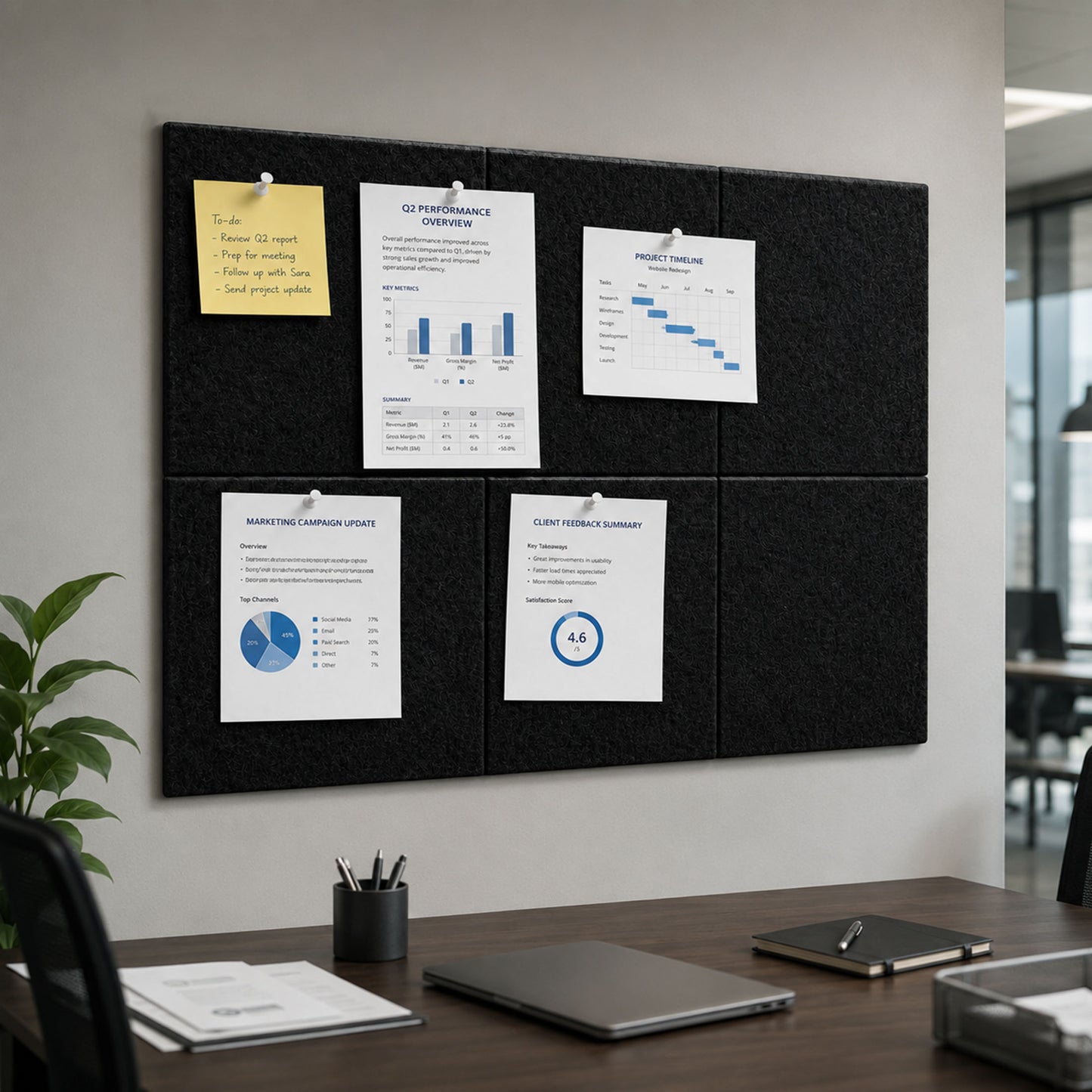 punada Cork Boards for Walls 6 Pack 36" x 24" Felt Bulletin Board Tiles with Adhesive Backing and Push Pins Cork Board Alternative for Home Office Pin Board for Notes Photos