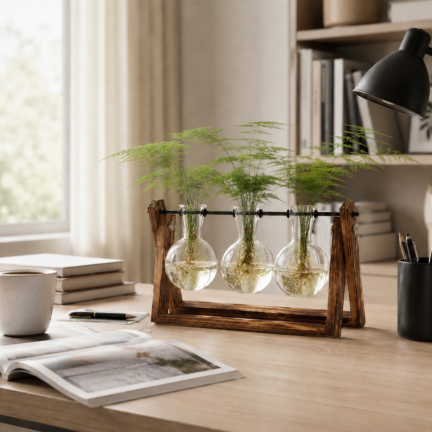 punada Propagation Vases, Plant Propagation Station with Wooden Stand and 3 Bulb Glass Vases, Hydroponic Plant Terrarium Holder for Indoor Plants