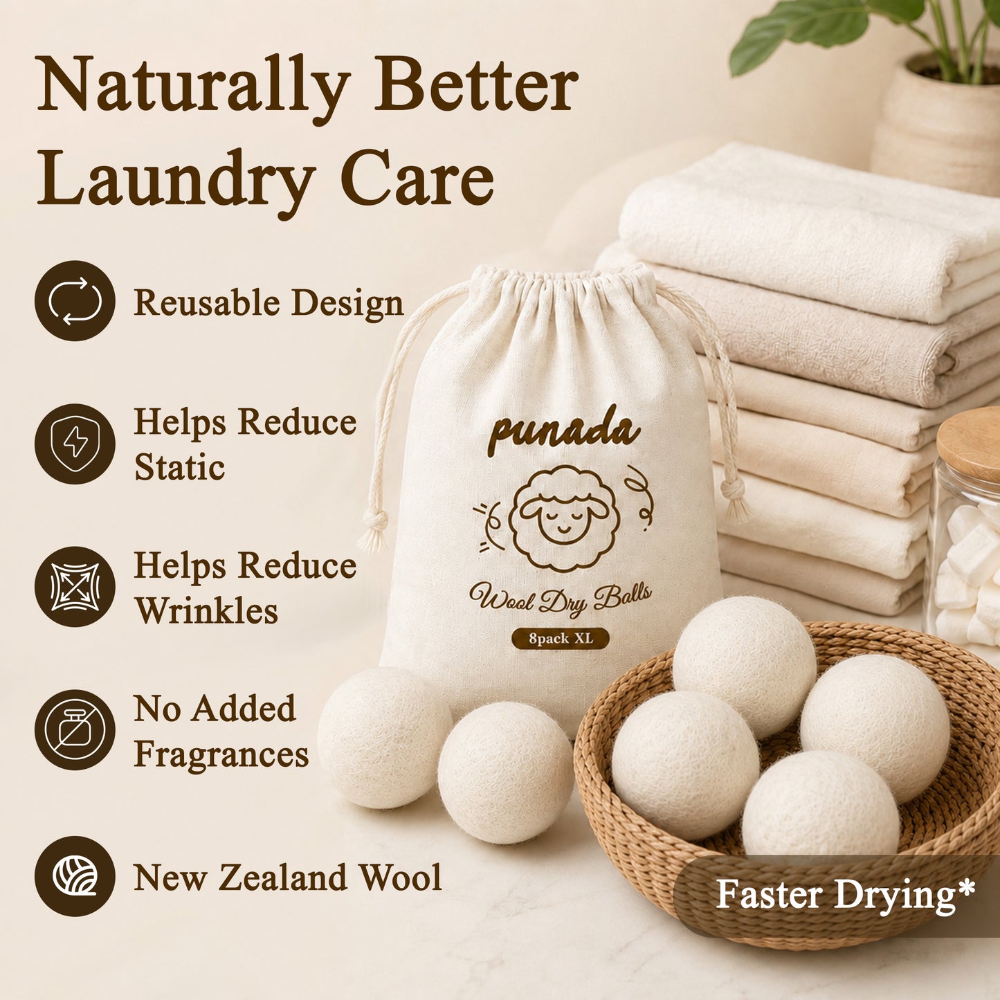 punada XL Wool Dryer Balls 8 Pack, Reusable Laundry Dryer Balls, Reduce Static & Wrinkles, Natural Fabric Softener, Faster Drying for Clothes Towels Bedding