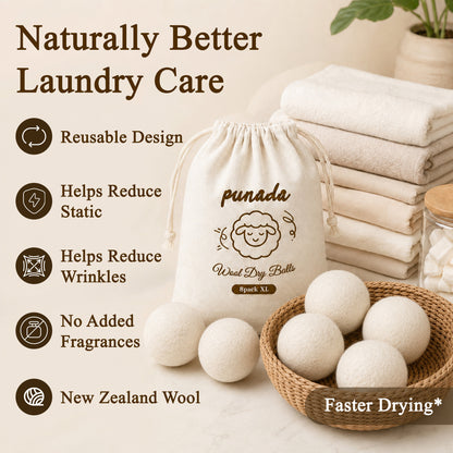 punada XL Wool Dryer Balls 8 Pack, Reusable Laundry Dryer Balls, Reduce Static & Wrinkles, Natural Fabric Softener, Faster Drying for Clothes Towels Bedding