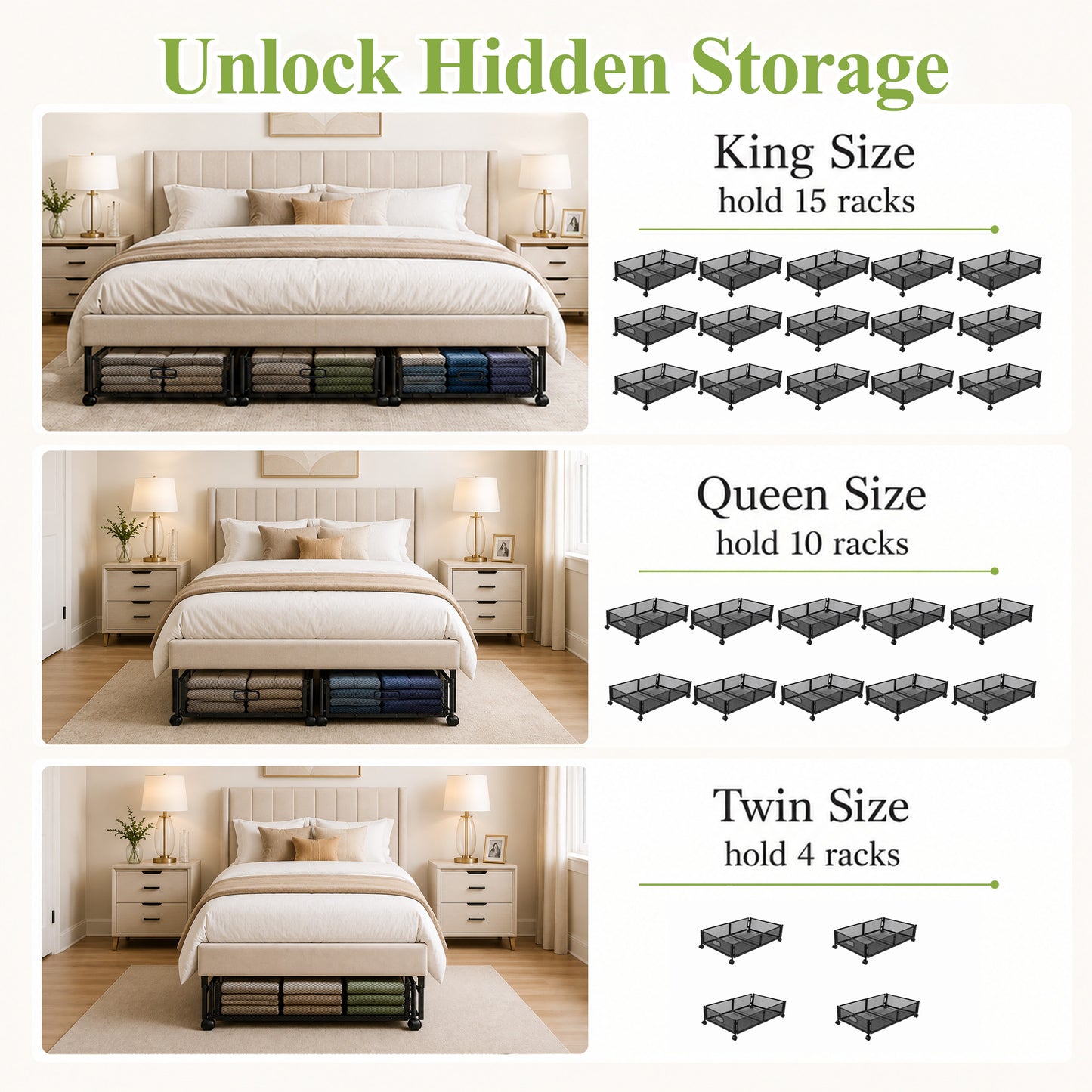 punada Under Bed Storage with Wheels, 2 Pack Metal Underbed Storage Containers, Rolling Drawers for Clothes, Shoes, Blankets, Bedroom Closet Organizer
