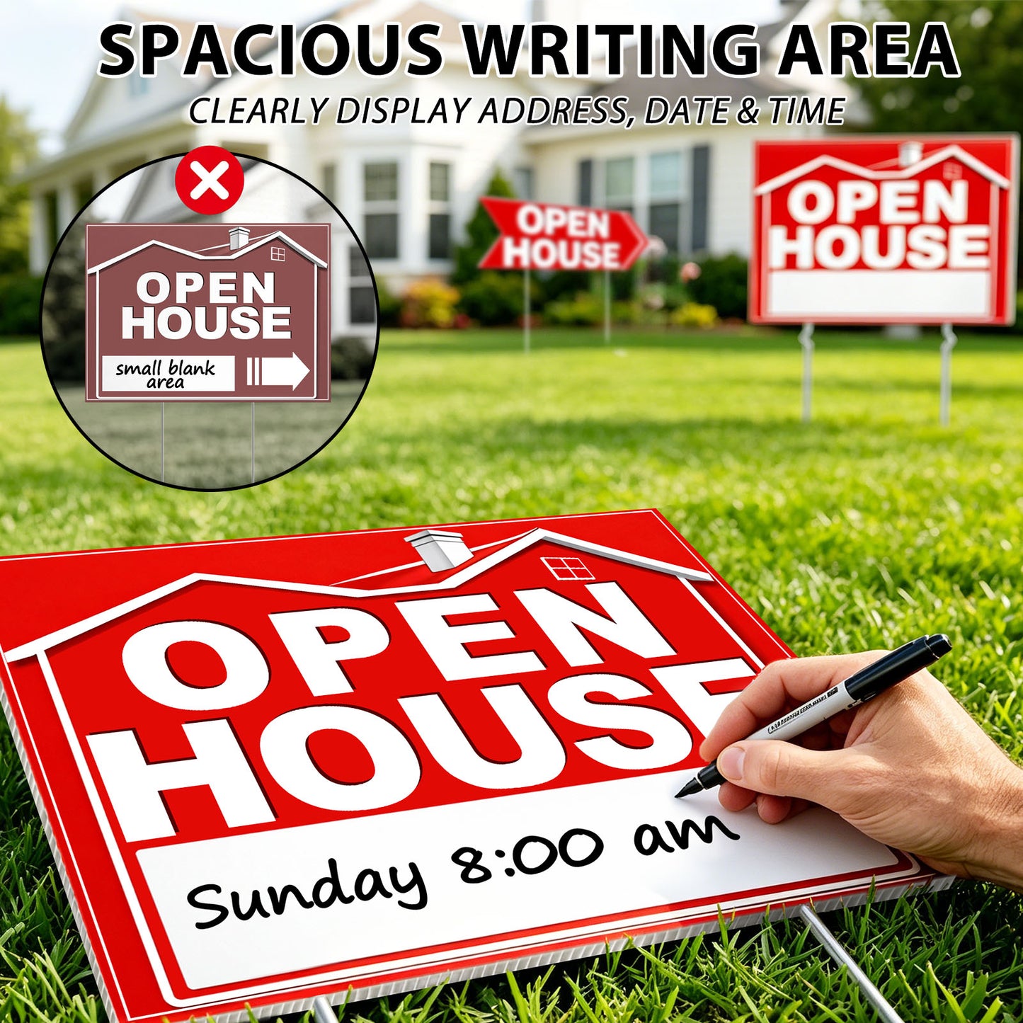 punada Open House Signs for Real Estate, 3 Pcs 17 x 13 inch and 2 Pcs 17 x 6 Inch Double-Sided Waterproof Open House Signs with Metal Stakes and Arrow Stickers for Realtor Sales