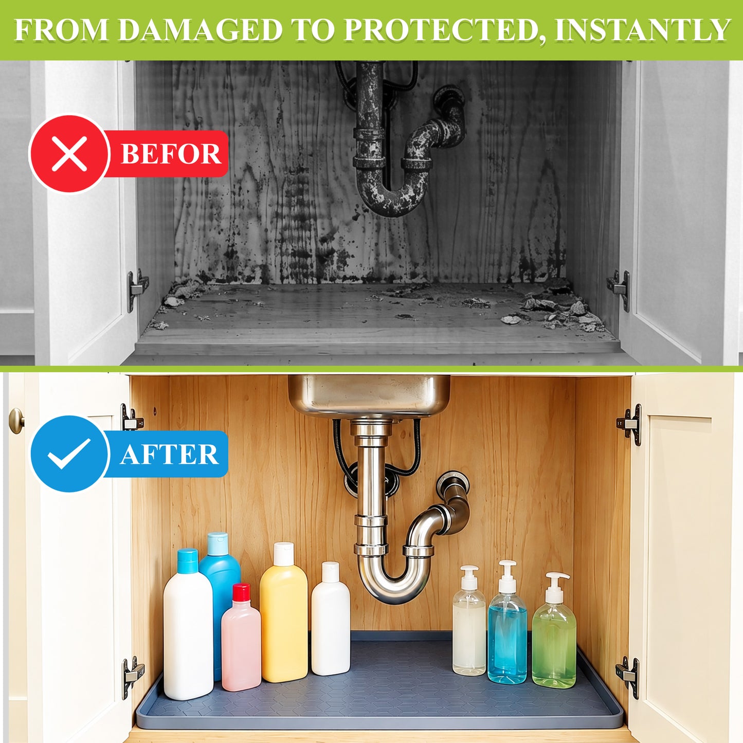 punada Under Sink Mat, 34" x 22" Waterproof Silicone Kitchen Sink Cabinet Protector, Shelf Liner for Kitchen and Bathroom, Leak-Proof Drip Tray, Kitchen Organizer Storage Mat, Gray