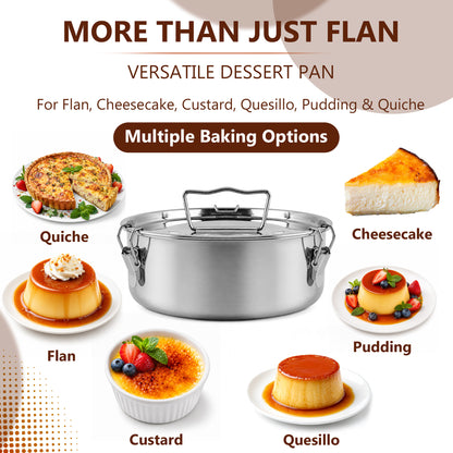 punada Stainless Steel Flan Mold, 304 Flanera Flan Pan with Lid and Handle, 1.5 QT Round Flan Molds for Baking Cheesecake Flan Pudding, Compatible with Pot 6QT/8QT
