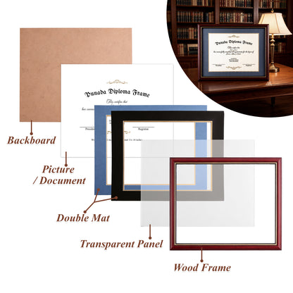 punada Diploma Frame 8.5x11 with Blue Over Gold Mat or 11x14 without Mat, Certificate Degree, Wood Grain with Gold Trim, Graduation Gift
