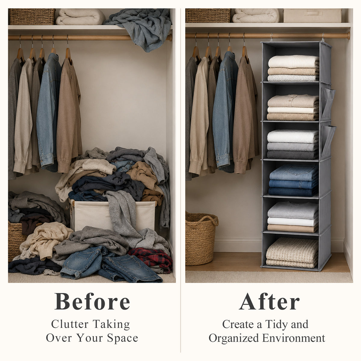 punada Hanging Closet Organizer, 6-Shelf Closet Hanging Storage Organizer with Side Pockets, Foldable Hanging Shelves for Clothes, Sweaters, Shoes and Accessories, Grey