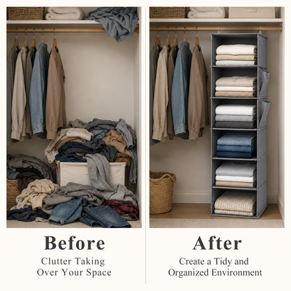 punada Hanging Closet Organizer, 6-Shelf Closet Hanging Storage Organizer with Side Pockets, Foldable Hanging Shelves for Clothes, Sweaters, Shoes and Accessories, Grey