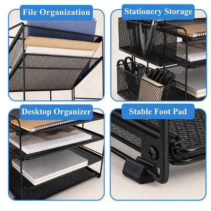 punada Desk Organizer with File Holder, 6 Tier Metal Desktop File Organizer with Pen Holders and Mesh Trays for Home, Office and Workspace