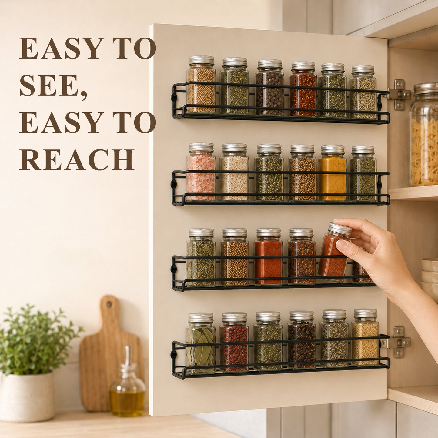 punada 4 Pack Wall Mounted Spice Rack, Space Saving Organizer for Kitchen Cabinet & Pantry Door, Screw or Adhesive Mount for Spice Jars, 11.41 x 2.55 x 2.55 in