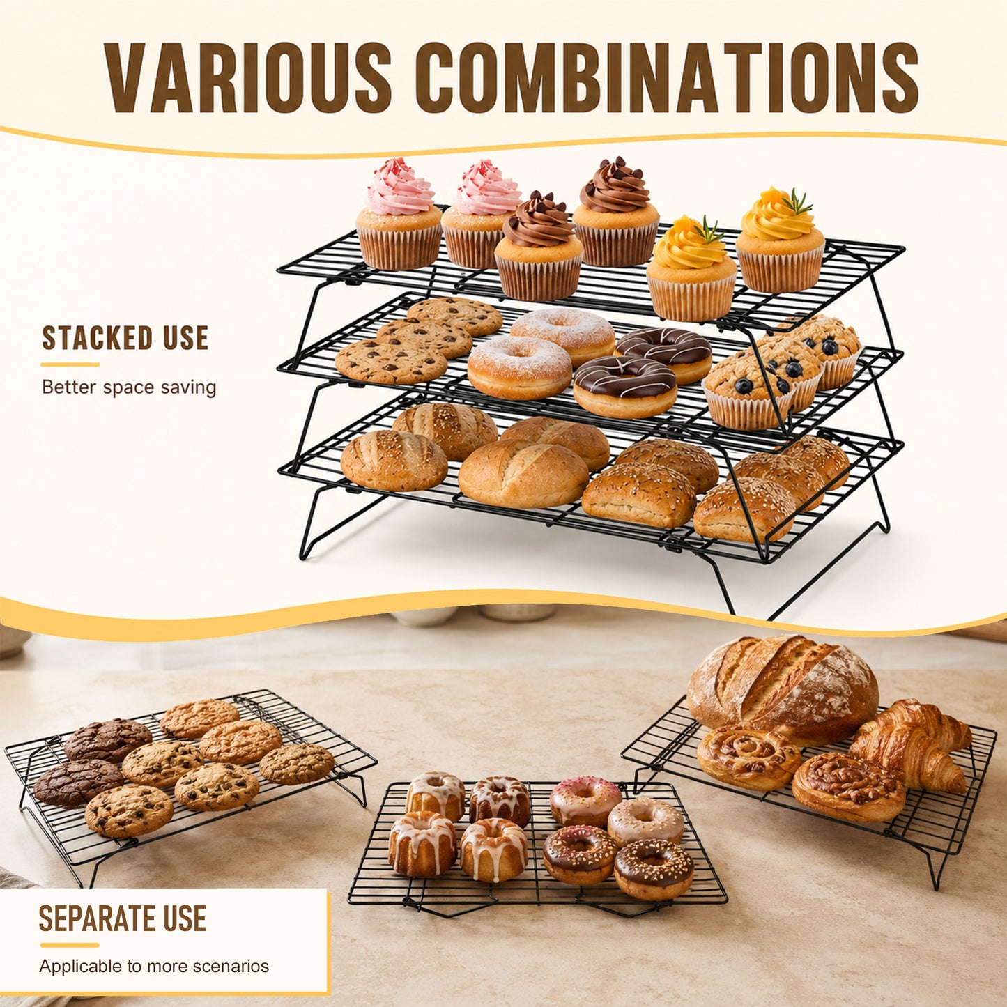 punada 3 Tier Stackable Cooling Racks for Cooking and Baking, 15" x 10" Carbon Steel Wire Baking Rack, Cookie Cooling Rack with Leg for Bacon Pizza Cake, Dishwasher Safe