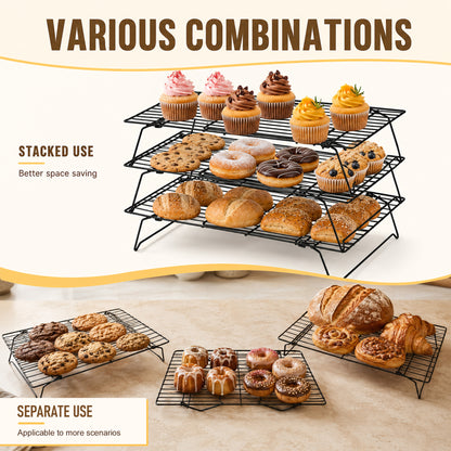 punada 3 Tier Stackable Cooling Racks for Cooking and Baking, 15" x 10" Carbon Steel Wire Baking Rack, Cookie Cooling Rack with Leg for Bacon Pizza Cake, Dishwasher Safe