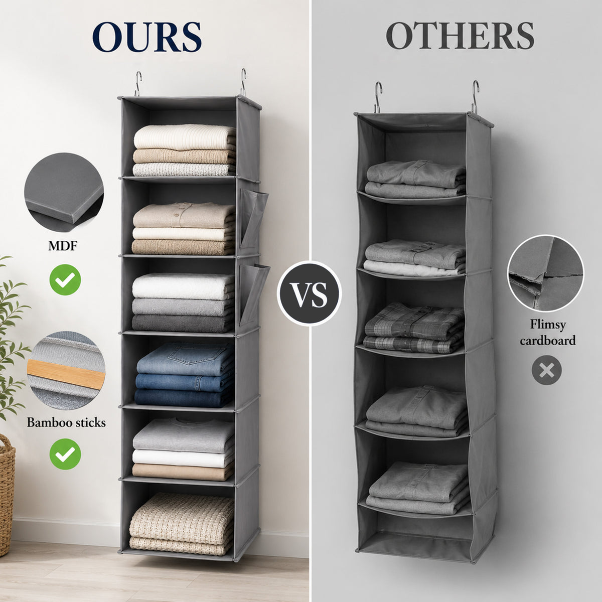 punada Hanging Closet Organizer, 6-Shelf Closet Hanging Storage Organizer with Side Pockets, Foldable Hanging Shelves for Clothes, Sweaters, Shoes and Accessories, Grey