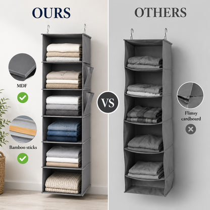 punada Hanging Closet Organizer, 6-Shelf Closet Hanging Storage Organizer with Side Pockets, Foldable Hanging Shelves for Clothes, Sweaters, Shoes and Accessories, Grey