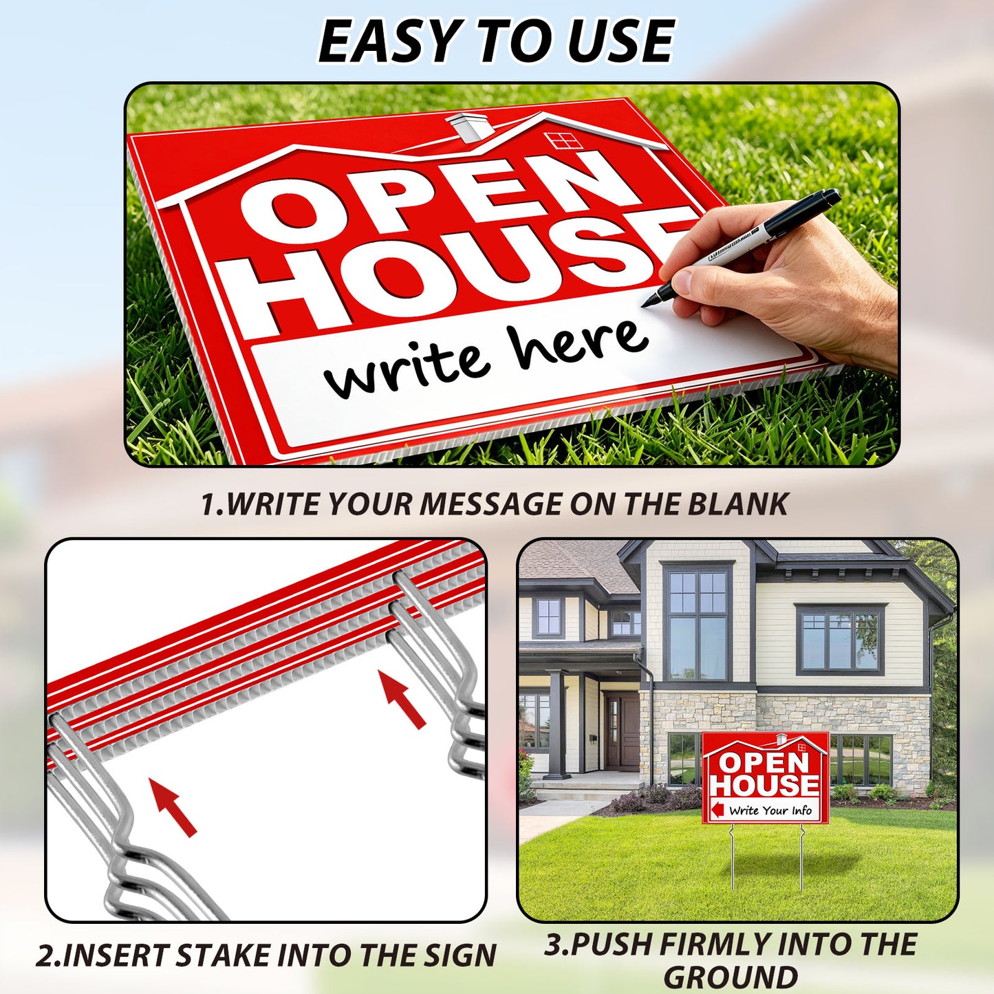 punada Open House Signs for Real Estate, 3 Pcs 17 x 13 inch and 2 Pcs 17 x 6 Inch Double-Sided Waterproof Open House Signs with Metal Stakes and Arrow Stickers for Realtor Sales