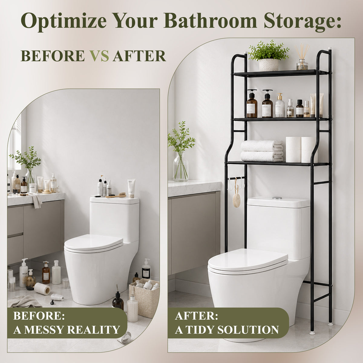 punada Bathroom Over The Toilet Storage Rack, 3-Tier Metal Bathroom Organizer Shelf Above Toilet with 3 Hooks, Freestanding Shelf Space Saver for Bathroom, Black, 59.84" H