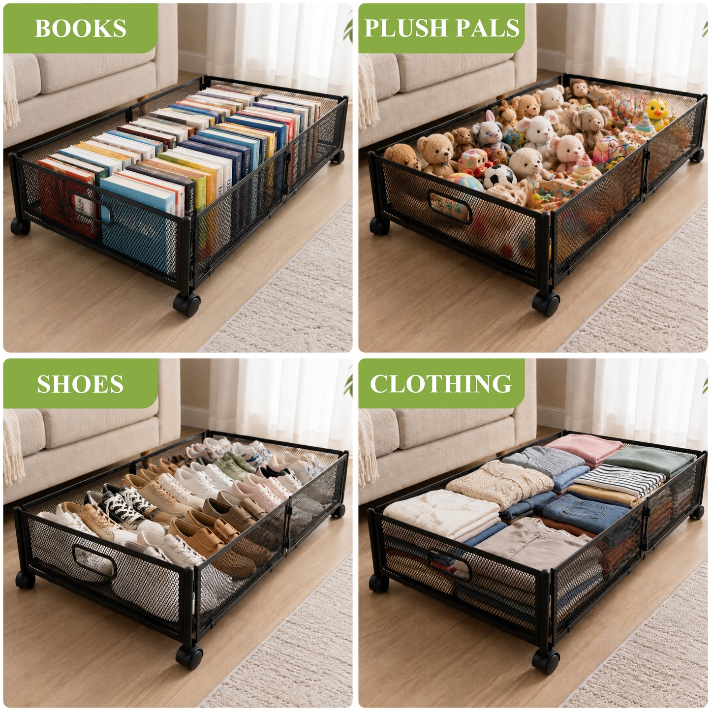 punada Under Bed Storage with Wheels, 2 Pack Metal Underbed Storage Containers, Rolling Drawers for Clothes, Shoes, Blankets, Bedroom Closet Organizer