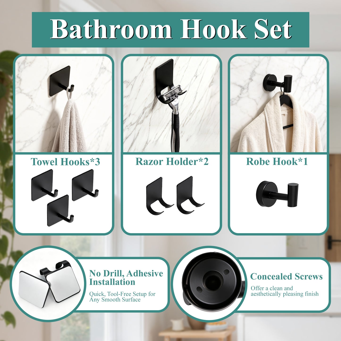 punada 10 pcs Matte Black Bathroom Hardware Set, Stainless Steel Bathroom Accessories Set with Toilet Paper Holder, Towel Ring & Hooks, Towel Bar Set for Home, Towel Racks for Bathroom Wall Mounted