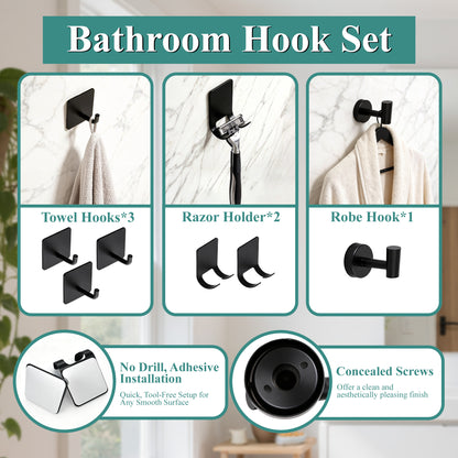 punada 10 pcs Matte Black Bathroom Hardware Set, Stainless Steel Bathroom Accessories Set with Toilet Paper Holder, Towel Ring & Hooks, Towel Bar Set for Home, Towel Racks for Bathroom Wall Mounted