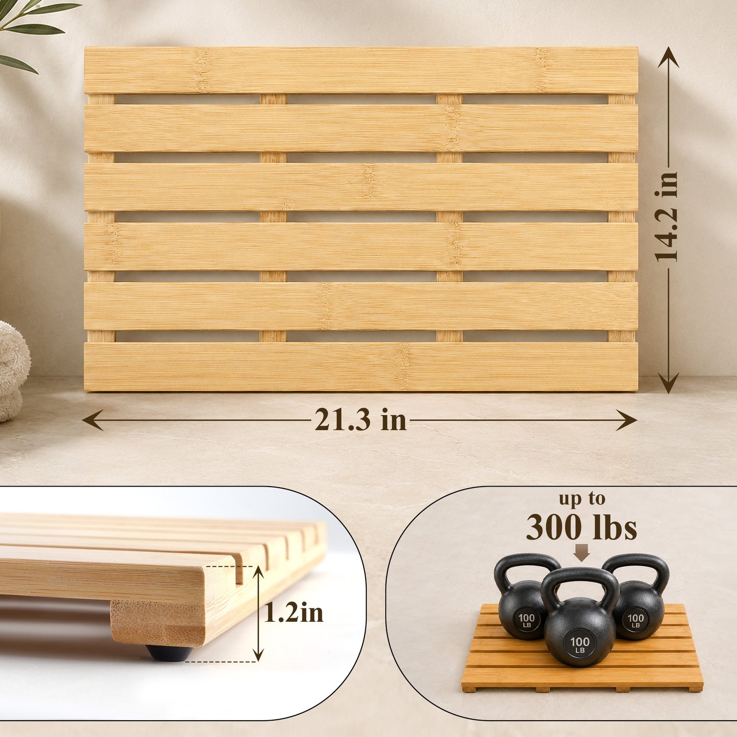 punada Bamboo Bath Mat, Non-Slip Waterproof Wooden Shower Mat for Bathroom, Bathtub, Sauna and Outdoor Use, Quick Dry Bamboo Floor Mat, 21.26 x 14.17 inch