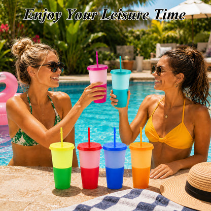 punada Reusable Cups with Lids and Straws, 6 Pack 24oz Color Changing Plastic Tumblers Set, Reusable Iced Coffee Travel Mugs, Drinking Cups for Party, Travel & Daily Use