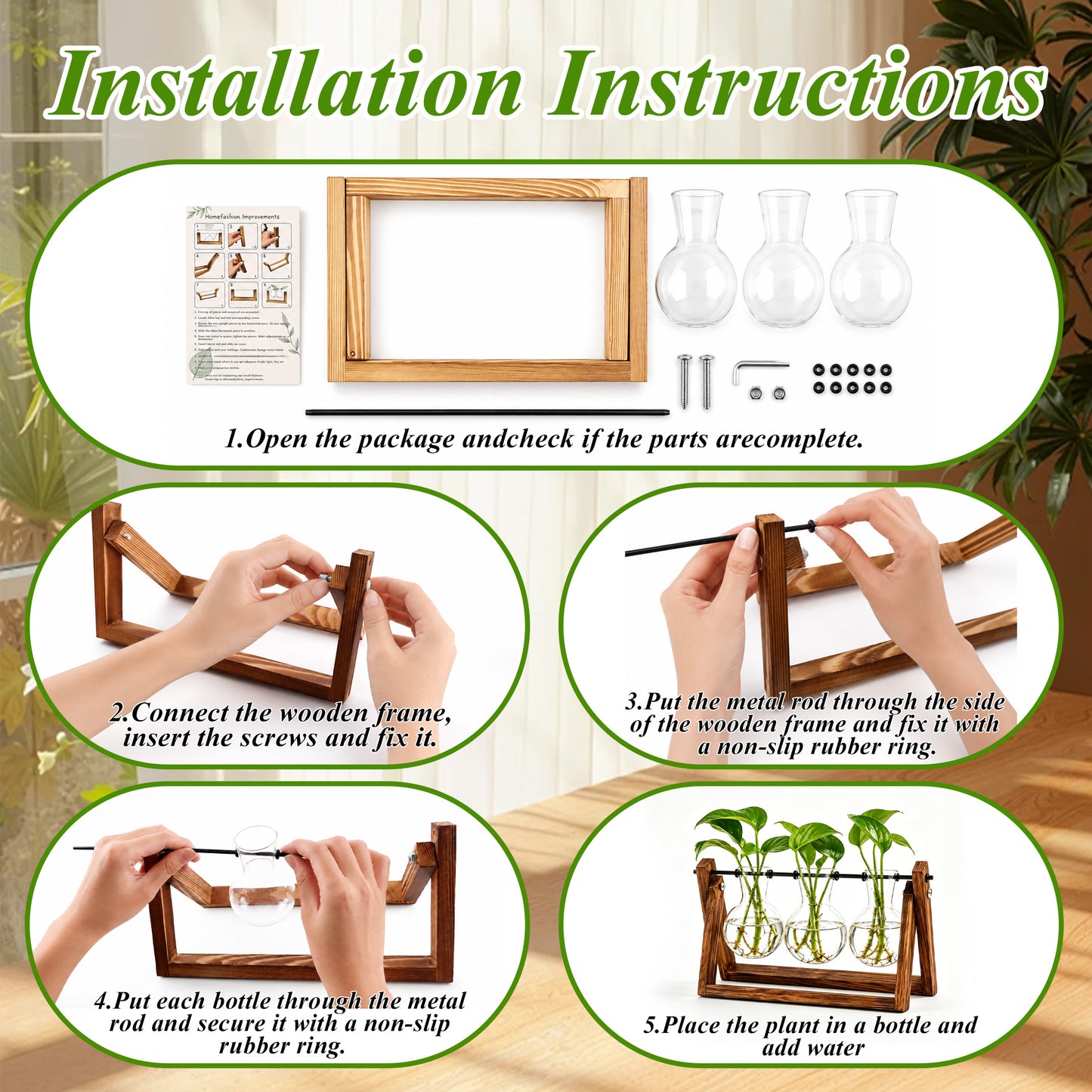 punada Propagation Vases, Plant Propagation Station with Wooden Stand and 3 Bulb Glass Vases, Hydroponic Plant Terrarium Holder for Indoor Plants
