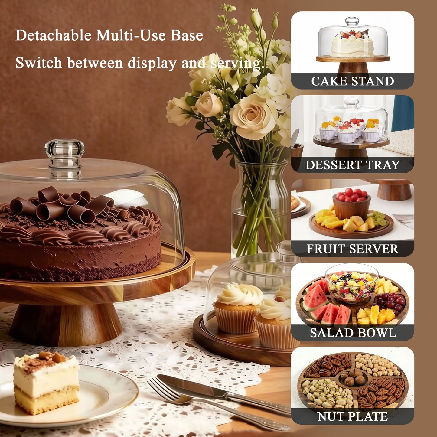 punada Acacia Wood Cake Stand with Lid, 11" Round Cake Stand with Acrylic Dome, 2-in-1 Dessert Display for Cake, Cheese, Chips, Fruit & Snacks