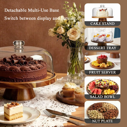 punada Acacia Wood Cake Stand with Lid, 11" Round Cake Stand with Acrylic Dome, 2-in-1 Dessert Display for Cake, Cheese, Chips, Fruit & Snacks